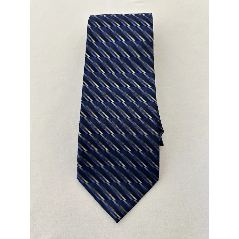 Paul Dione Designer Mens Tie 100% Silk Blue & Gold Geometric Print